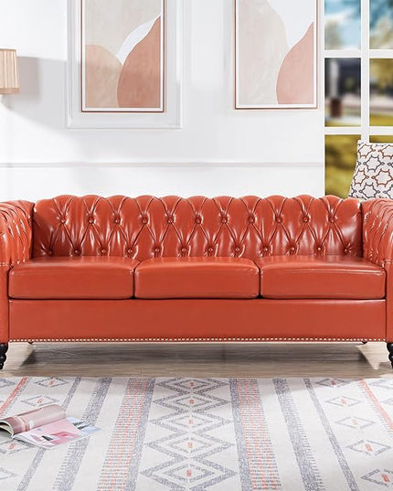 3-Seaters Living Room Clasic Chesterfield Sofa Couch Button Tufted PU Leather Upholstered Sofa&Couch with Luxury Roller Armrest Soild Wood Legs Movable Cushions & Nailhead Decor - LeafyLoom