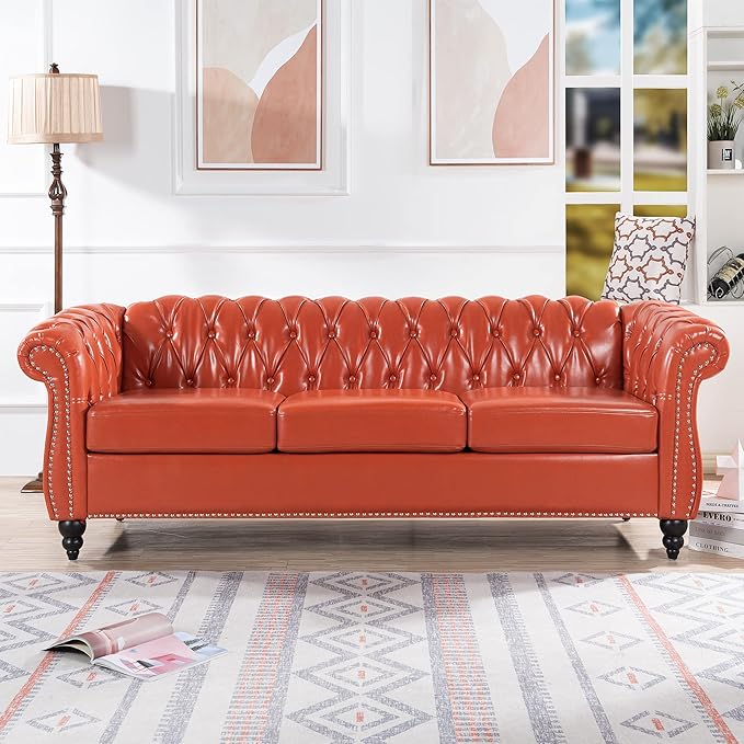 3-Seaters Living Room Clasic Chesterfield Sofa Couch Button Tufted PU Leather Upholstered Sofa&Couch with Luxury Roller Armrest Soild Wood Legs Movable Cushions & Nailhead Decor - LeafyLoom