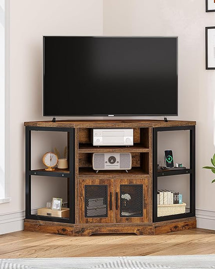 YITAHOME Corner TV Stand for TVs up to 55 Inch with Power Outlet, Modern Farmhouse Entertainment Center, Wood TV Media Console with Storage Cabinets Shelves for Living Room, Retro Brown - LeafyLoom