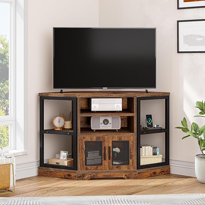 YITAHOME Corner TV Stand for TVs up to 55 Inch with Power Outlet, Modern Farmhouse Entertainment Center, Wood TV Media Console with Storage Cabinets Shelves for Living Room, Retro Brown - LeafyLoom