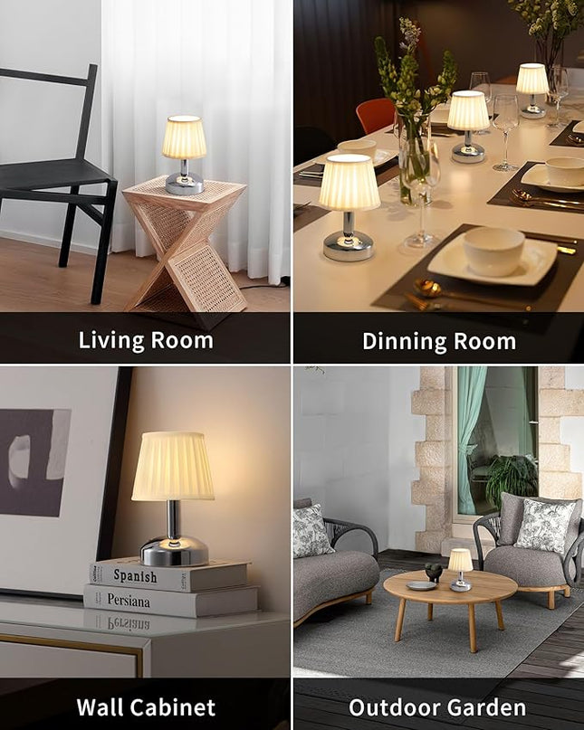 KDG Modern Cordless Small Table Lamp, Portable LED Fabric Shade Desk Lamps, 5000mAh Rechargeable Battery Operated Lighting for Bedroom, Bedside, Bar, Living Room, Dining Room, Night Light(Silver) - LeafyLoom