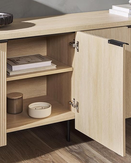 Walker Edison Modern Scandinavian Fluted Door Kitchen Storage Sideboard Buffet Cabinet Console, 69 Inch, Coastal Oak/Black - LeafyLoom