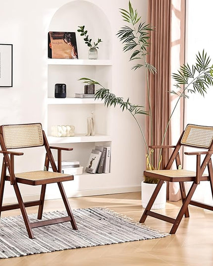Rattan Folding Dining Chairs Set of 2, Modern Mid Century Dining Chairs with Arms, Outdoor Bamboo Chairs for Bedroom, Living Room, Reading Room, Walnut - LeafyLoom