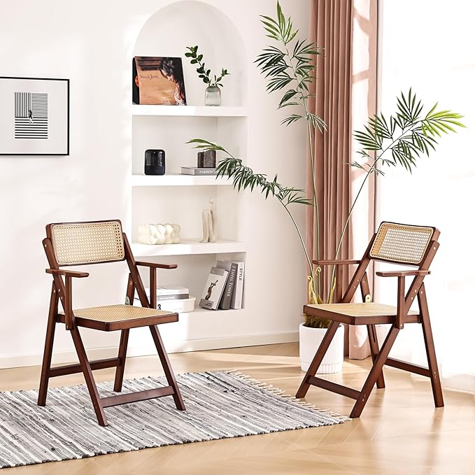 Rattan Folding Dining Chairs Set of 2, Modern Mid Century Dining Chairs with Arms, Outdoor Bamboo Chairs for Bedroom, Living Room, Reading Room, Walnut - LeafyLoom