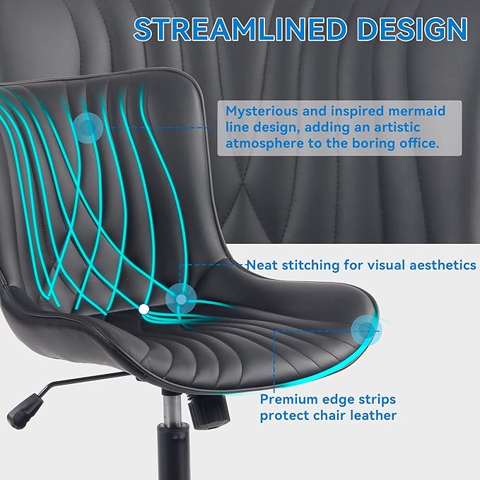 YOUNIKE Office Chair, Armless Desk Chair with Wheels, Home Office Computer Task Chairs, Modern Faux Leather Padded Vanity Chair, Adjustable Swivel Rocking Chair with Back, Black - LeafyLoom