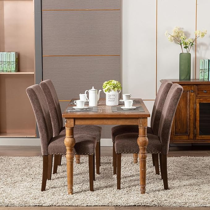 COLAMY Upholstered Parsons Dining Chairs Set of 2, Fabric Dining Room Kitchen Side Chair with Nailhead Trim and Wood Legs - Brown - LeafyLoom