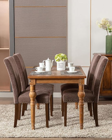 COLAMY Upholstered Parsons Dining Chairs Set of 4, Fabric Dining Room Kitchen Side Chair with Nailhead Trim and Wood Legs - Brown - LeafyLoom