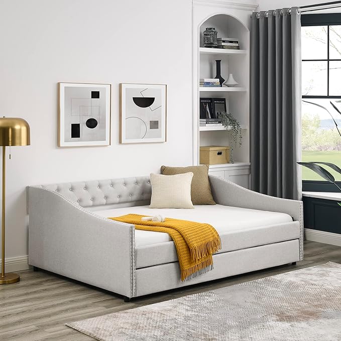 Full Size Upholstered Daybed with Twin Size Trundle, Tufted Full Day Bed w/Button Back and Waved Shape Copper Nail Arms, No Spring Box Needed, Easy Assemble, for Living Room - LeafyLoom