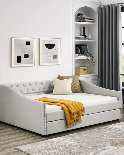 RITSU Full Size Daybed Pull Out Upholstered, with Casters，Tufted Buttons on Back, Wooden Frame Sofa Bed, Copper Nail on Waved Shape Arms, for Bedroom, Living Room, 80.50, Beige-3 - LeafyLoom