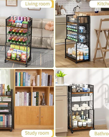 4-Tier Rolling Storage Cart Organizer with 2 Mesh Sliding Trays, Can,Drink,Snack Organizer Shelves, Retro Utility Cart on Lockable Wheels for Kitchen,Bathroom,Study,Pantry - LeafyLoom