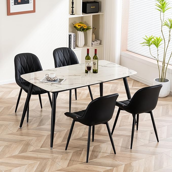 YOUNIKE Dining Chairs Set of 2, Black Modern Kitchen Chairs with Adjustable Feet, Mid Century Faux Leather Upholstered Dining Room Chairs, 300LBS Support Elegant Dinning Chairs Side Chairs - LeafyLoom