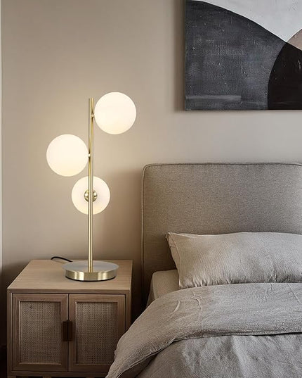 Modern Glass Globe Table Lamp 3 Lights Mid Century Small Gold Desk Lamp Contemporary Minimalist Brass Bedside Table Lamps with White Glass Shade Reading Lamp for Bedroom Office G9 MTL03-W - LeafyLoom