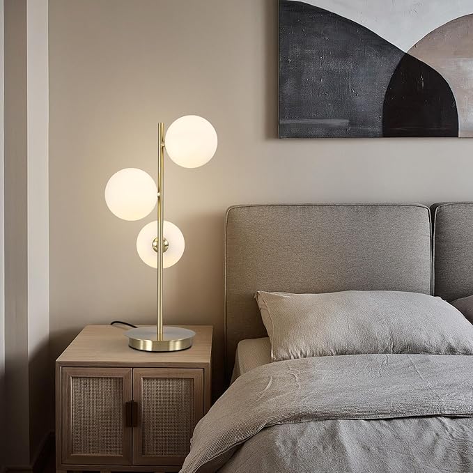 Modern Glass Globe Table Lamp 3 Lights Mid Century Small Gold Desk Lamp Contemporary Minimalist Brass Bedside Table Lamps with White Glass Shade Reading Lamp for Bedroom Office G9 MTL03-W - LeafyLoom
