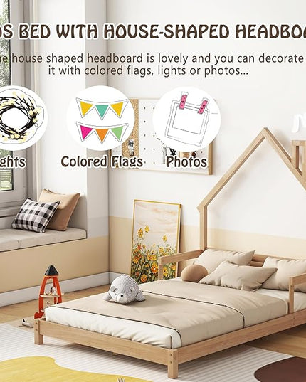 Full Size Bed Frame for Kids,House-Shaped Headboard Kids Bed,Girls Bed with Handrails,Low Platform Bed for Boys Girls,No Box Spring Needed(Natural) - LeafyLoom