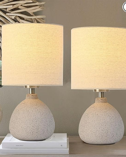 Earth Brown Rustic Ceramic Table Lamp Set of 2, Small Table Lamp Farmhouse Rustic Lamp Set Bedside Table Lamps for Bedroom Nightstand Side Table Lamps for Living Room, 13.7IN - LeafyLoom