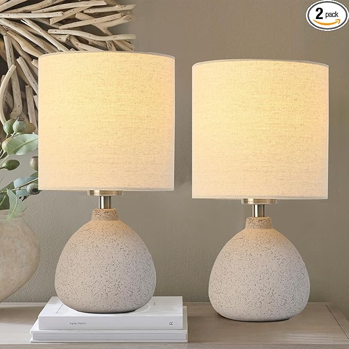 Earth Brown Rustic Ceramic Table Lamp Set of 2, Small Table Lamp Farmhouse Rustic Lamp Set Bedside Table Lamps for Bedroom Nightstand Side Table Lamps for Living Room, 13.7IN - LeafyLoom