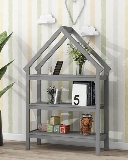 Twin Size Wood House Bed,Wood Platform Bed with Storage Shelves and Hanger,Floor Twin Size Montessori Bed Frame, Kids Boys Girls Bedroom,Living Room,No Box Spring Required,Grey - LeafyLoom