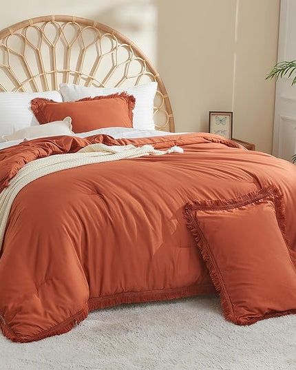 Litanika Terracotta Comforter Full Size, Boho Tassel Burnt Orange Comforter 3 Pieces, Rust Lightweight Fringe Bedding Set for All Season(1 Comforter 79x90 inch, 2 Pillowcases) - LeafyLoom