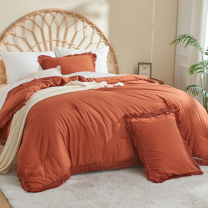 Litanika Terracotta Comforter Full Size, Boho Tassel Burnt Orange Comforter 3 Pieces, Rust Lightweight Fringe Bedding Set for All Season(1 Comforter 79x90 inch, 2 Pillowcases) - LeafyLoom