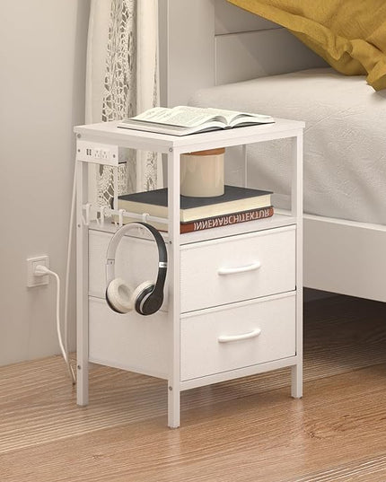 Nightstand with Charging Station, Side Table with Fabric Drawers and Open Shelf, Night Stand for Bedroom Decor, Bedside Table with USB Ports & Outlets (White,1) - LeafyLoom