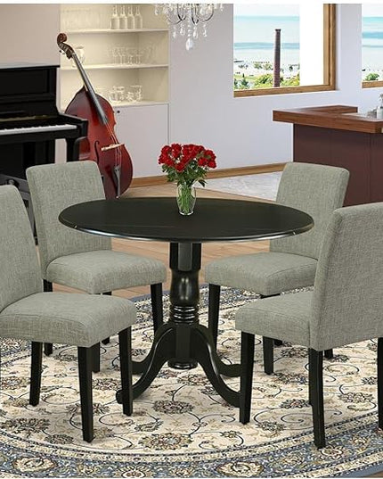 East West Furniture DLAB5-BLK-06 5 Piece Dinette Set for 4 Includes a Round Dining Room Table with Dropleaf and 4 Shitake Linen Fabric Parsons Dining Chairs, 42x42 Inch, Black - LeafyLoom