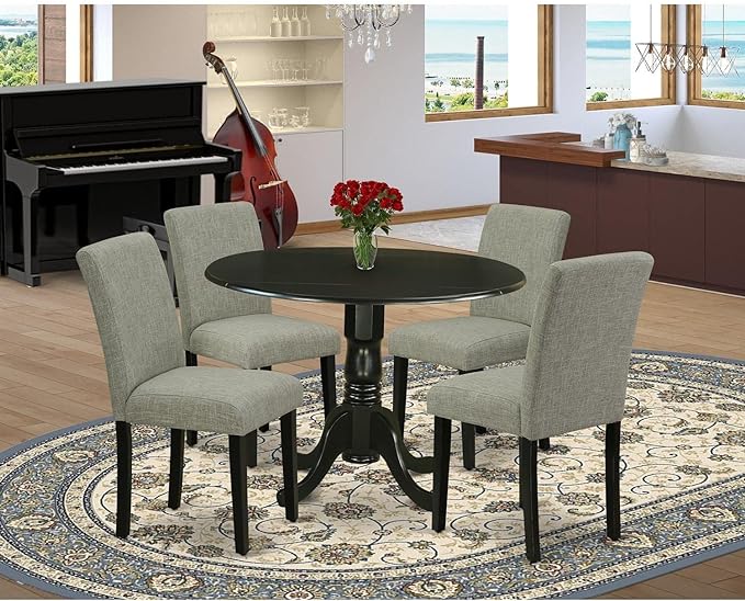 East West Furniture DLAB5-BLK-06 5 Piece Dinette Set for 4 Includes a Round Dining Room Table with Dropleaf and 4 Shitake Linen Fabric Parsons Dining Chairs, 42x42 Inch, Black - LeafyLoom