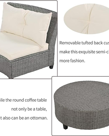 Outdoor 9 Pieces Patio Furniture Half Moon Wicker Sofa Sets, Fan-Shaped Curved Sectional Couch with Coffee Table&Beige Cushions, 1, Gray Rattan - LeafyLoom