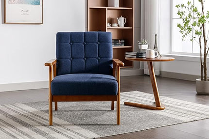 Mid-Century Accent, Modern Single Armchair, Upholstered Leisure Lounge Chair wth Solid Wood Armrest and Feet for Living Room, Bedroom, Office, Navy Blue - LeafyLoom