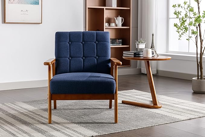 Mid-Century Accent, Modern Single Armchair, Upholstered Leisure Lounge Chair wth Solid Wood Armrest and Feet for Living Room, Bedroom, Office, Navy Blue - LeafyLoom
