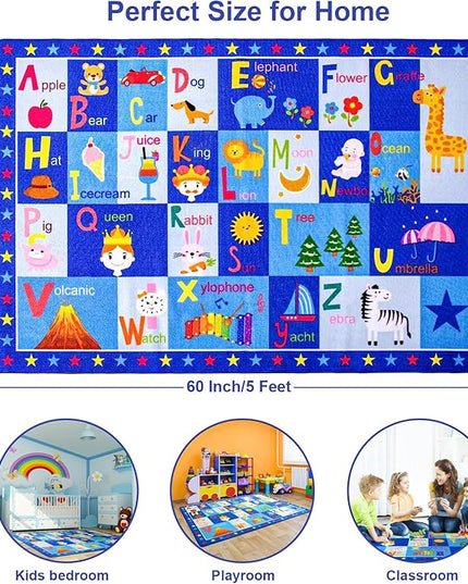 Terrug Kids Rugs ABC Alphabet Carpet Playmat, Word Educational Area Rug, Non Slip Cute Cartoon Daycare Supplies, Kids Gift for Playroom, Classroom, Bedroom and Nursery (3x5 Feet) - LeafyLoom