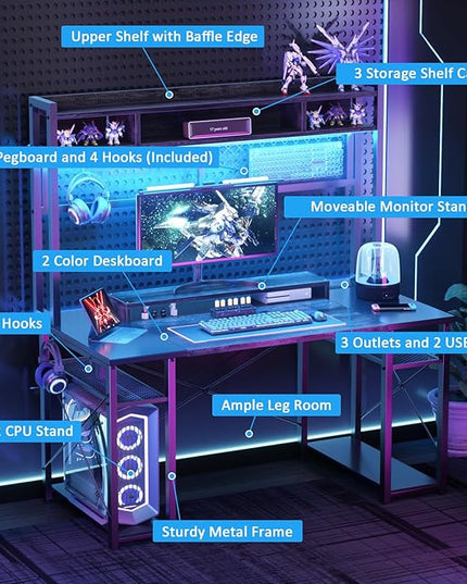 armocity 2024 Upgrade Gaming Desk with Hutch, 48'' Magic Computer Desk with LED and Outlets, Reversible Workstation Desk with Pegboard, Grey/Black - LeafyLoom