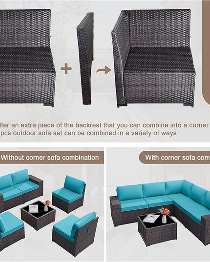 Patio Furniture Set Sofa 6-Piece Wicker PE Rattan Sectional Sofa Set, Outdoor Furniture Patio Conversation Sofa Set with Glass Coffee Table, Blue - LeafyLoom