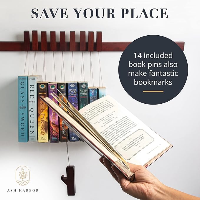 Floating Wall Bookshelf - Wall Mounted Book Organizer with Included Bookmarks - Hardwood Hanging Bookshelf for Bedroom, Living Room, or Kitchen - A Thoughtful Gift for Book Lovers (Dark) - LeafyLoom