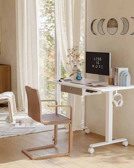 FEZIBO 48 x 24 Inches Standing Desk with Drawer, Adjustable Height Electric Stand up Desk with Storage, Sit Stand Home Office Desk, Ergonomic Computer Desk, White - LeafyLoom