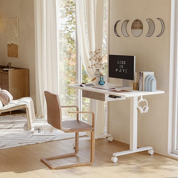 FEZIBO 48 x 24 Inches Standing Desk with Drawer, Adjustable Height Electric Stand up Desk with Storage, Sit Stand Home Office Desk, Ergonomic Computer Desk, White - LeafyLoom