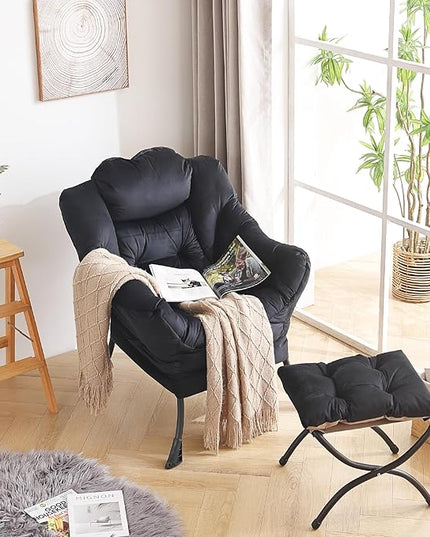 LITA Lazy Chair with Ottoman, Modern Accent Leisure Upholstered Sofa Chair, Contemporary Lounge Reading Chair with Armrests and a Side Pocket for Living Room, Bedroom & Small Space, Black - LeafyLoom