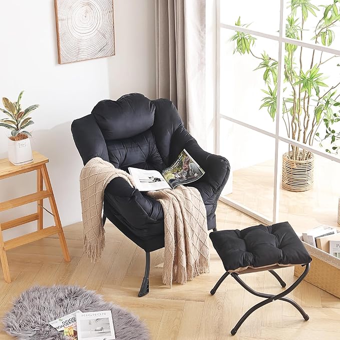 LITA Lazy Chair with Ottoman, Modern Accent Leisure Upholstered Sofa Chair, Contemporary Lounge Reading Chair with Armrests and a Side Pocket for Living Room, Bedroom & Small Space, Black - LeafyLoom