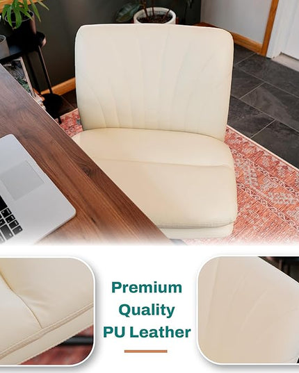 Criss Cross Chair with Wheels - Cross Legged Office Chair, Wide Armless Desk Chair Comfy Swivel Vanity Chair for Home Office, PU Leather - Beige - LeafyLoom