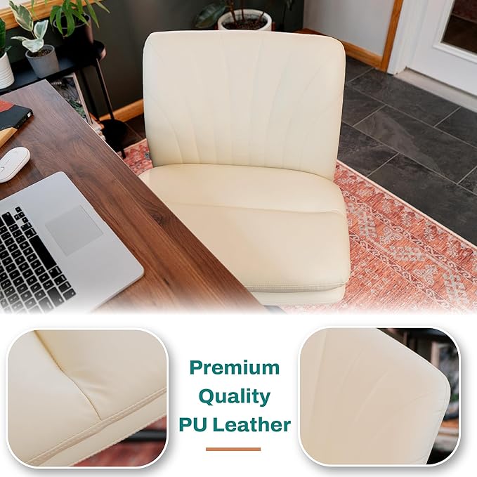 Criss Cross Chair with Wheels - Cross Legged Office Chair, Wide Armless Desk Chair Comfy Swivel Vanity Chair for Home Office, PU Leather - Beige - LeafyLoom