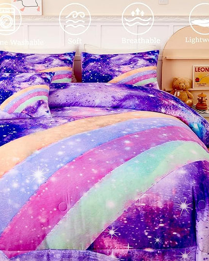 6Pcs Purple Rainbow Twin Size Bedding Set for Girls Gradient Glitter Kids Comforter Sets Tie Dye Girls Bed Set Sparkle Galaxy Bed in A Bag with Sheets - LeafyLoom