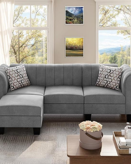 Shintenchi Upgraded Convertible Sectional Sofa Couch, 3 Seat L Shaped Sofa with High Armrest Linen Fabric Small Couch for Living Room, Apartment and Office (Grey) - LeafyLoom