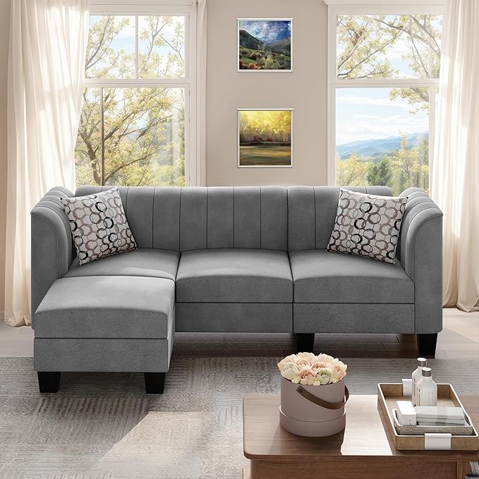 Shintenchi Upgraded Convertible Sectional Sofa Couch, 3 Seat L Shaped Sofa with High Armrest Linen Fabric Small Couch for Living Room, Apartment and Office (Grey) - LeafyLoom