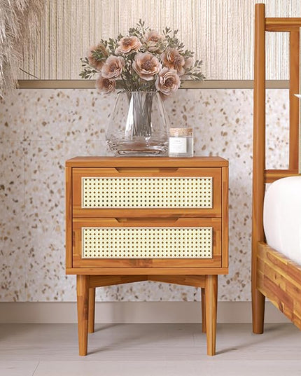 Bme Nightstand Oliver Solid Wood Rattan Side End Table, Fully Assembled, for Bohemian & Mid Century Style Bedroom and Living Room, Caramel - LeafyLoom