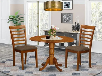 East West Furniture Dublin 3 Piece Set Contains a Round Dining Room Table with Dropleaf and 2 Linen Fabric Upholstered Kitchen Chairs, 42x42 Inch, Saddle Brown - LeafyLoom