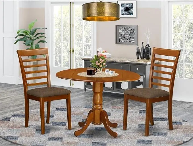 East West Furniture Dublin 3 Piece Set Contains a Round Dining Room Table with Dropleaf and 2 Linen Fabric Upholstered Kitchen Chairs, 42x42 Inch, Saddle Brown - LeafyLoom