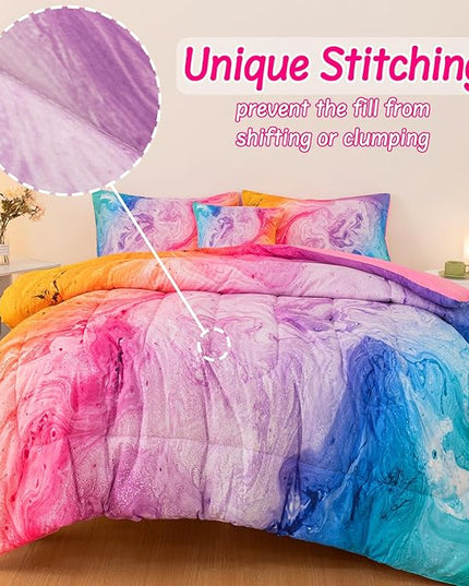 4 Pcs Tie Dye Twin Comforter Set for Girls, Watercolor Marble Abstract Art Superior Kids Bedding Sets Twin Size, Pink Purple Blue Colorful Teenage Girls Comforter Sets - LeafyLoom