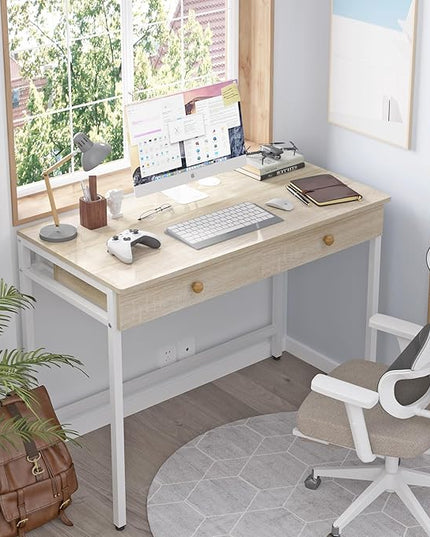 Weehom Computer Desk with Drawers, Home Office Desk for Writing, Studying, and Gaming - Sturdy and Spacious Workstation for PC and Laptop(Beige) - LeafyLoom