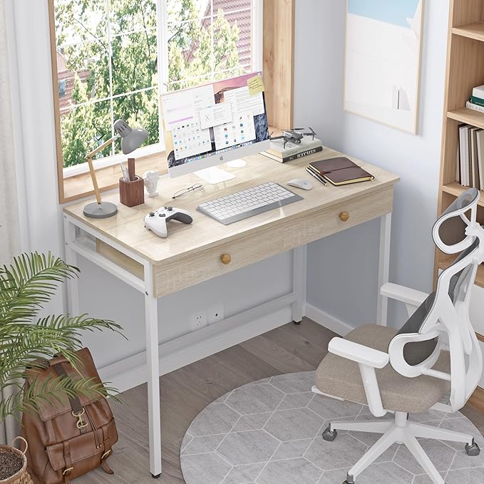 Weehom Computer Desk with Drawers, Home Office Desk for Writing, Studying, and Gaming - Sturdy and Spacious Workstation for PC and Laptop(Beige) - LeafyLoom
