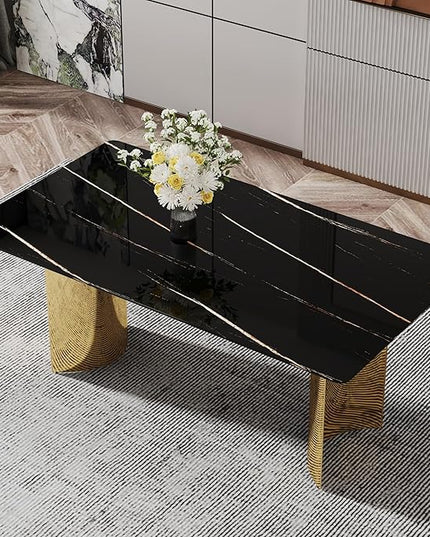 NicBex Modern Minimalist Dining Table The Black Patterned Glass Desktop is Equipped with Golden Metal Legs Suitable for Restaurants and Living Rooms, Black + Gold - LeafyLoom