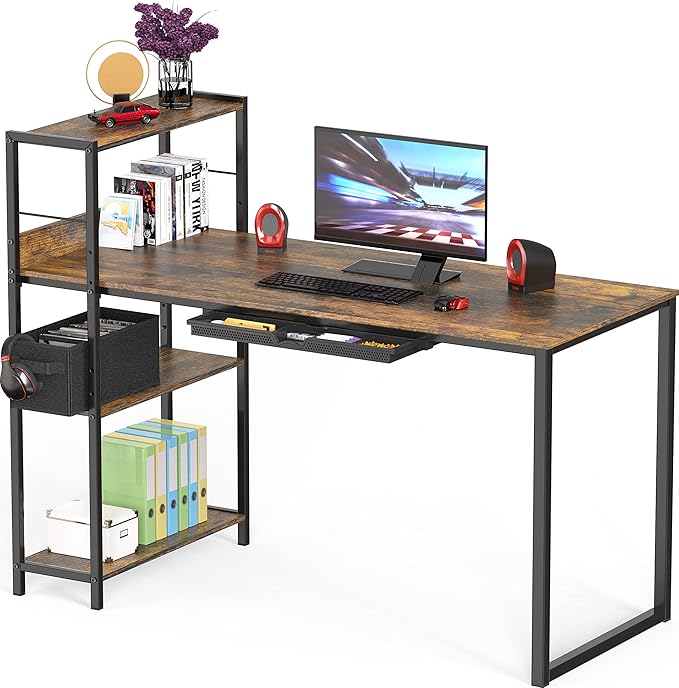 SHW 46-Inch Mission Desk with Side Shelf, 24" Deep, Rustic Brown - LeafyLoom